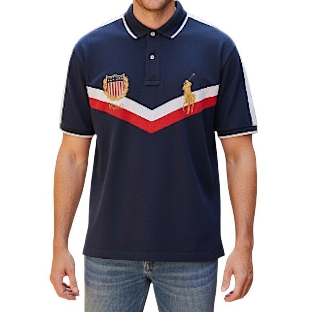 Polo Ralph Lauren Shirt XLT Navy Blue 4" Large Pony Crest Flag Resort Golf‎ Luxe